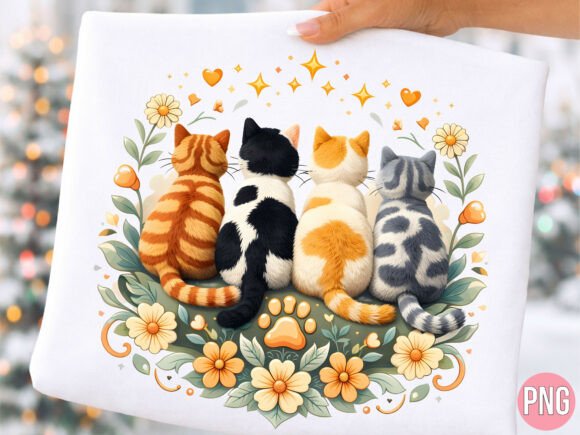 Four Cats Back View Floral Garden PNG